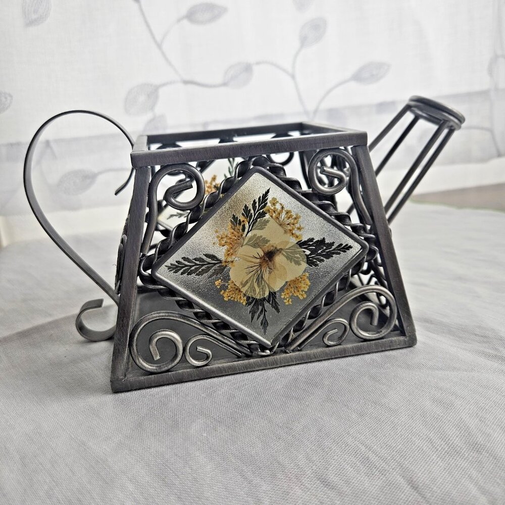 Vintage Pewter Teapot Candle holder Dried Pressed Flowers